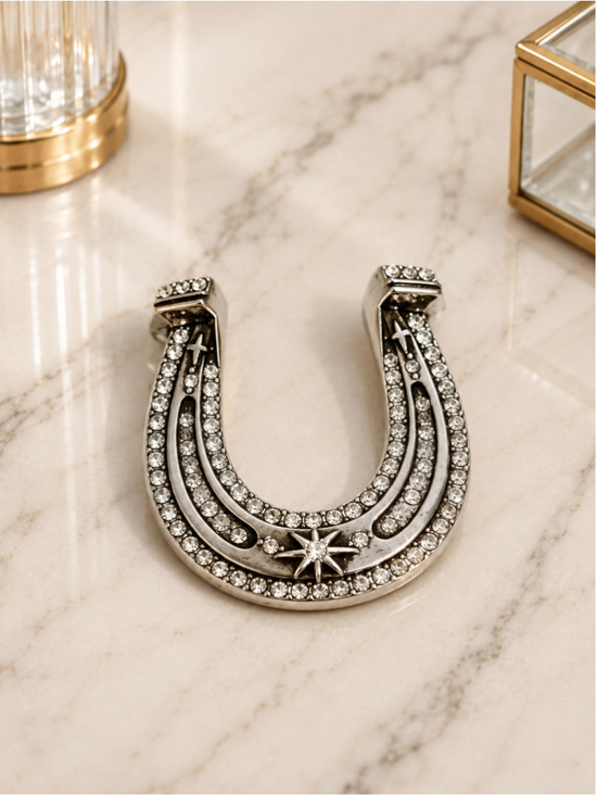 Jewelry - NEW Silver Horseshoe Rhinestone Brooch Lucky Statement Pin Bag Charm